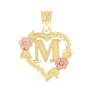 10kt 10k Two-Tone Gold Womens Heart Flower Initial Letter M Charm Pendant